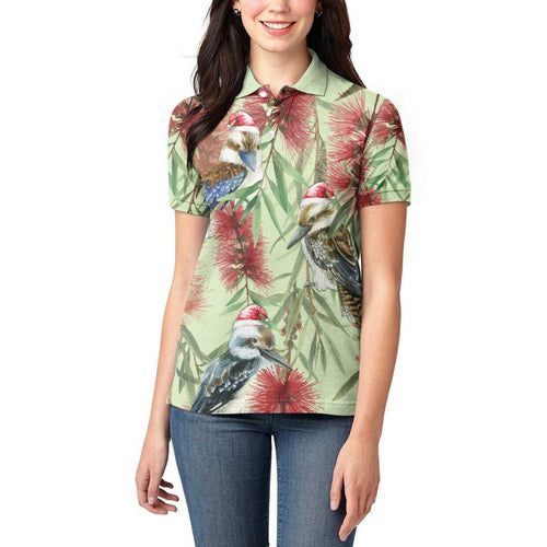 Australia Christmas Women Polo Shirt Kookaburra Santa on Callistemon - Pastel