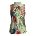 Australia Christmas Women Sleeveless Polo Shirt Kookaburra Santa on Callistemon - Pastel