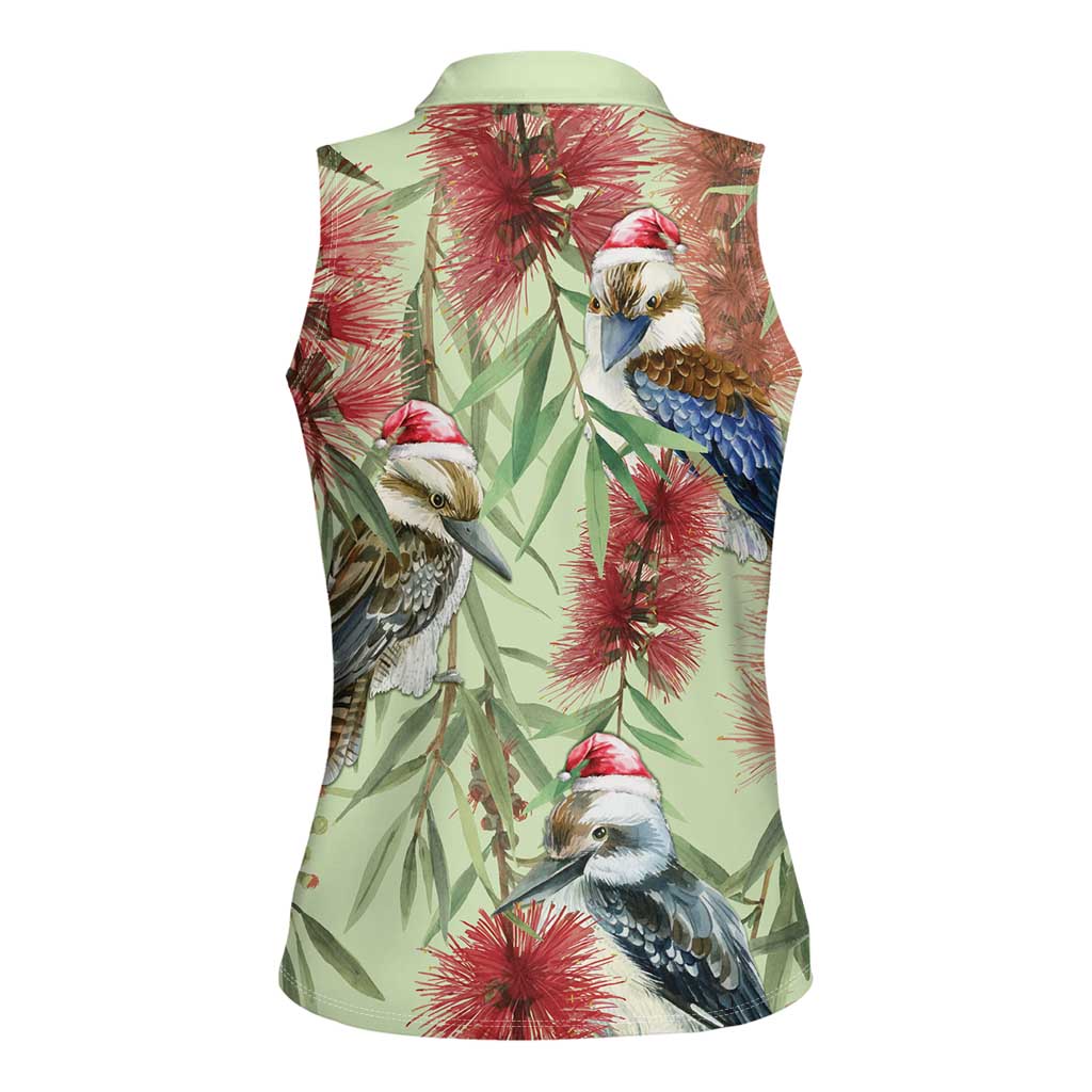 Australia Christmas Women Sleeveless Polo Shirt Kookaburra Santa on Callistemon - Pastel