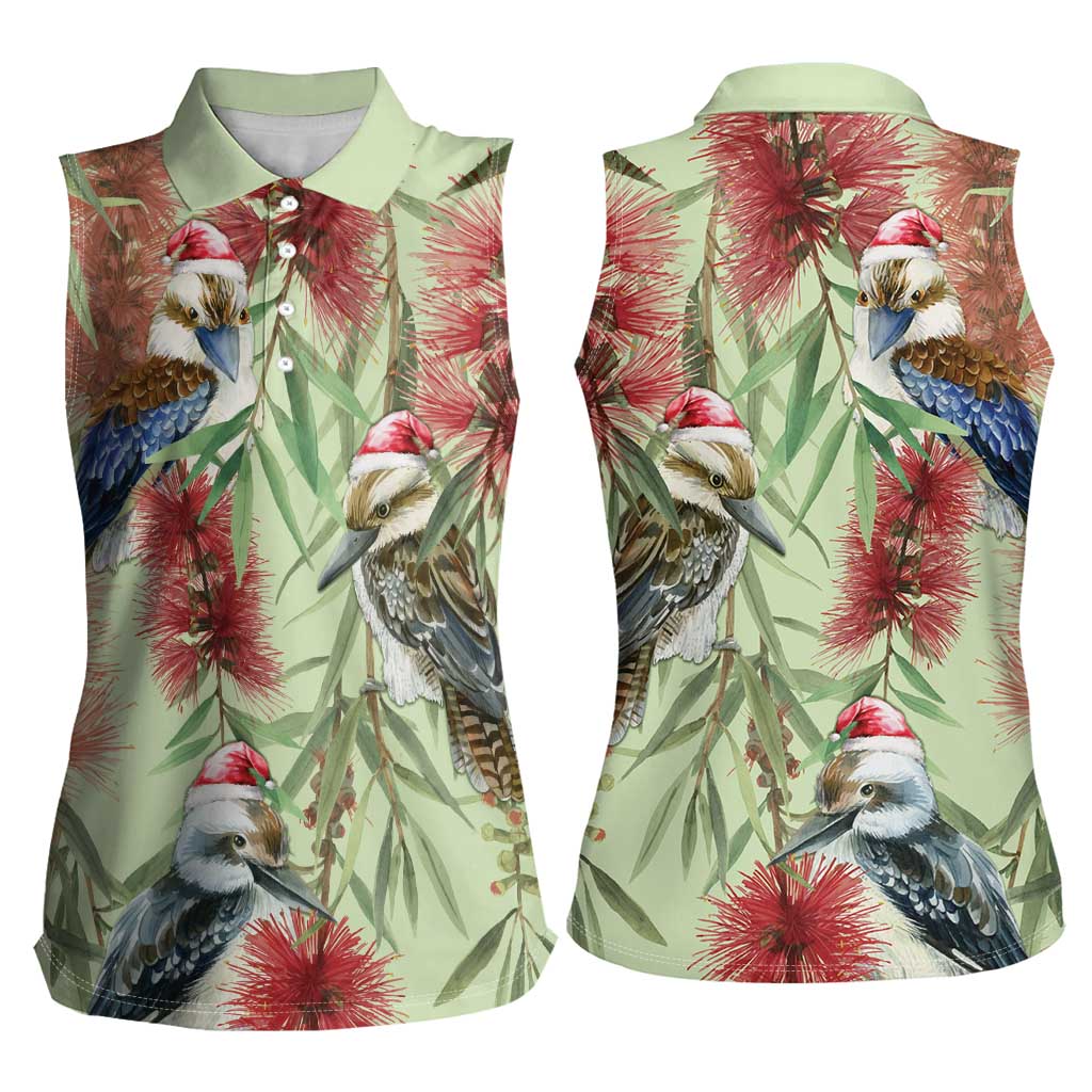 Australia Christmas Women Sleeveless Polo Shirt Kookaburra Santa on Callistemon - Pastel