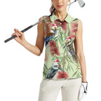 Australia Christmas Women Sleeveless Polo Shirt Kookaburra Santa on Callistemon - Pastel
