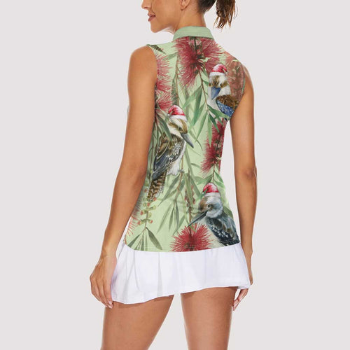 Australia Christmas Women Sleeveless Polo Shirt Kookaburra Santa on Callistemon - Pastel