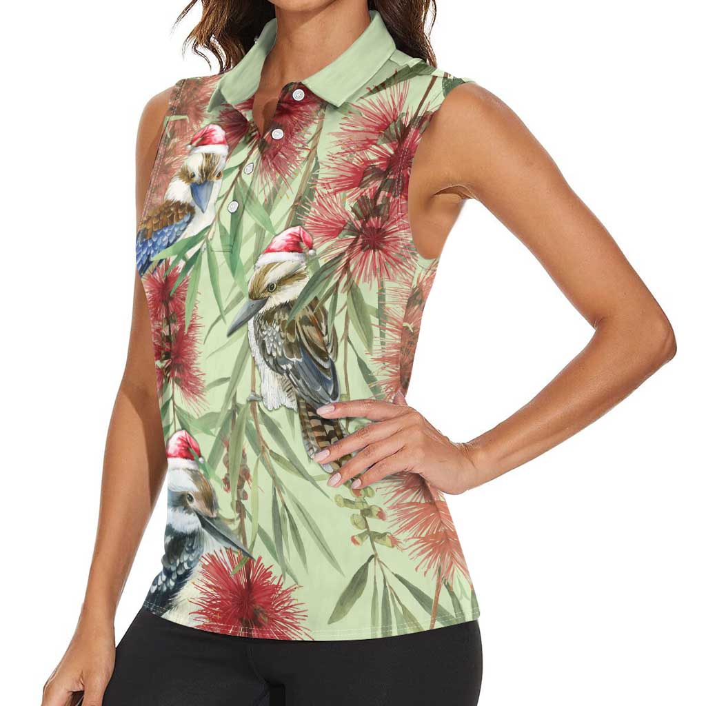 Australia Christmas Women Sleeveless Polo Shirt Kookaburra Santa on Callistemon - Pastel