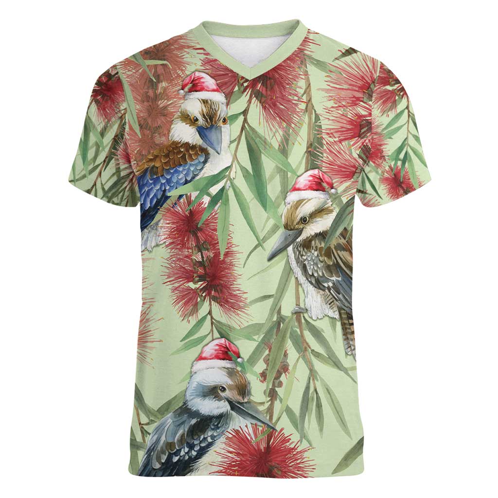 Australia Christmas Women V-Neck T-Shirt Kookaburra Santa on Callistemon - Pastel