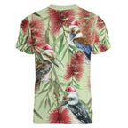 Australia Christmas Women V-Neck T-Shirt Kookaburra Santa on Callistemon - Pastel