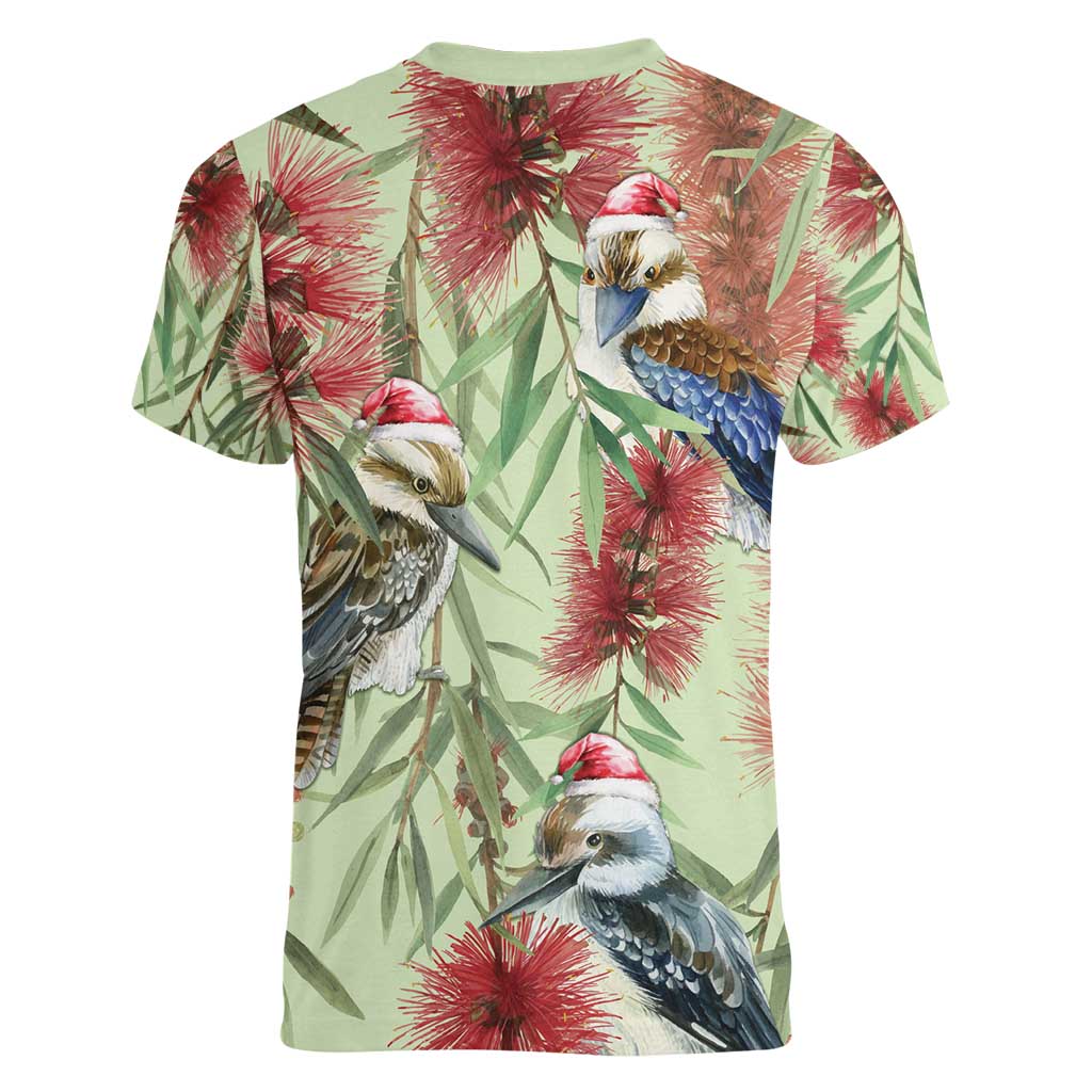 Australia Christmas Women V-Neck T-Shirt Kookaburra Santa on Callistemon - Pastel