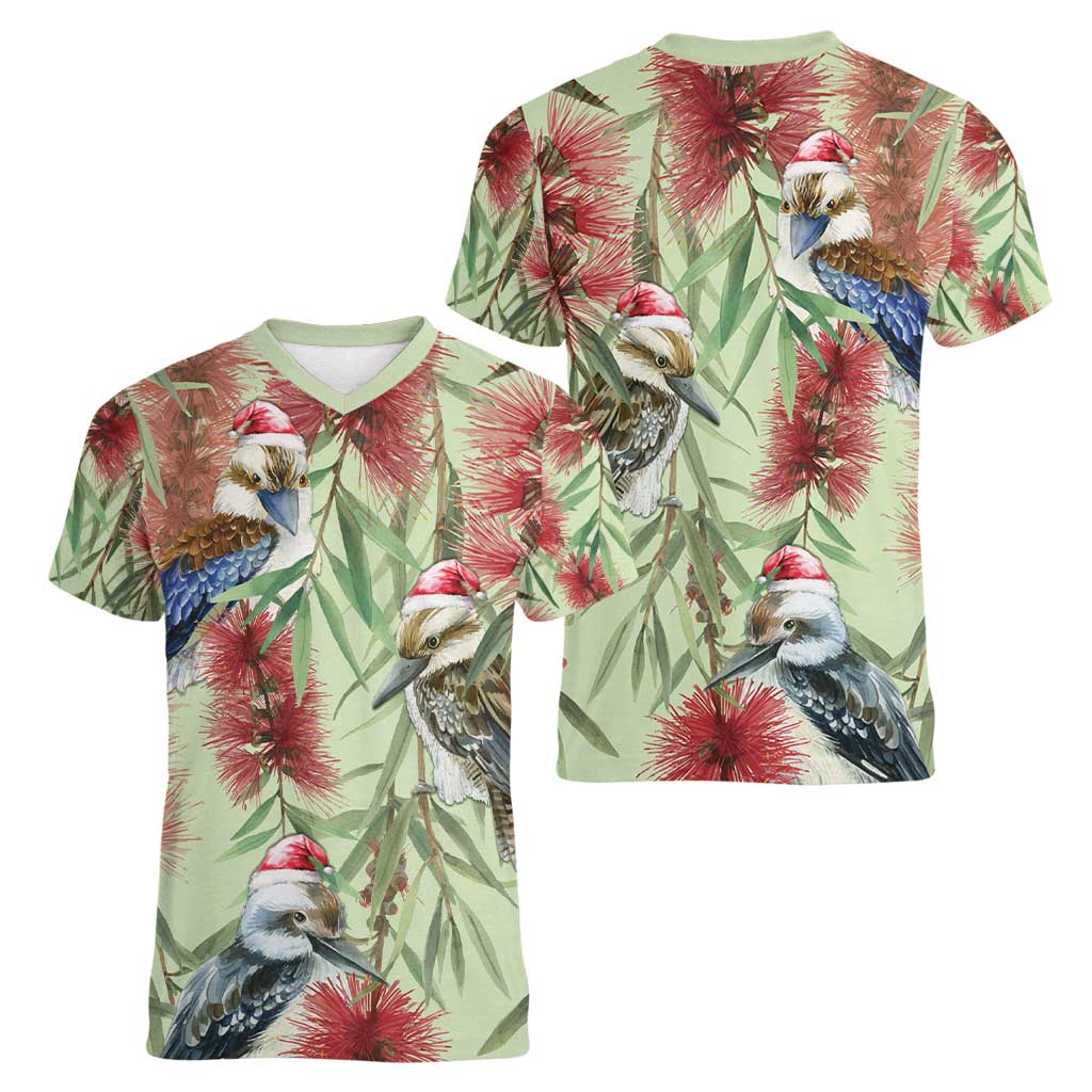 Australia Christmas Women V-Neck T-Shirt Kookaburra Santa on Callistemon - Pastel