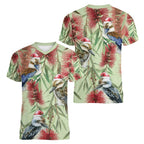 Australia Christmas Women V-Neck T-Shirt Kookaburra Santa on Callistemon - Pastel
