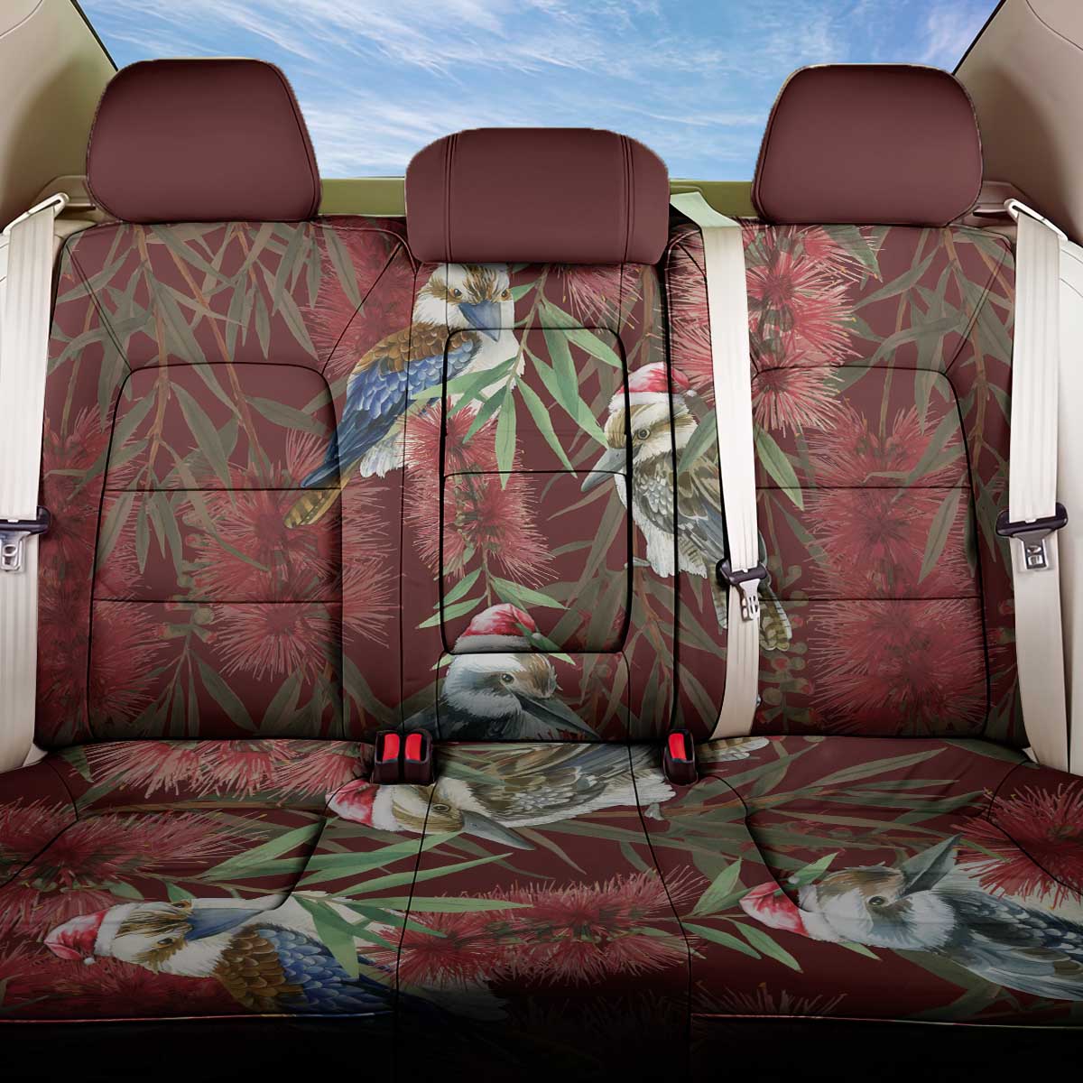 Australia Christmas Back Car Seat Cover Kookaburra Santa on Red Bottlebrush