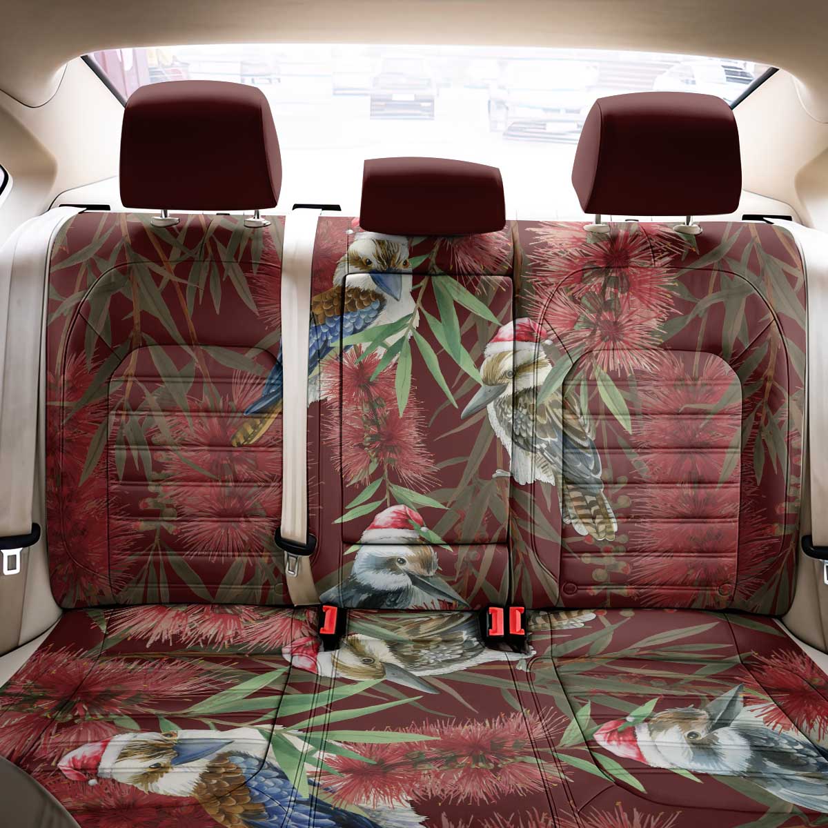 Australia Christmas Back Car Seat Cover Kookaburra Santa on Red Bottlebrush
