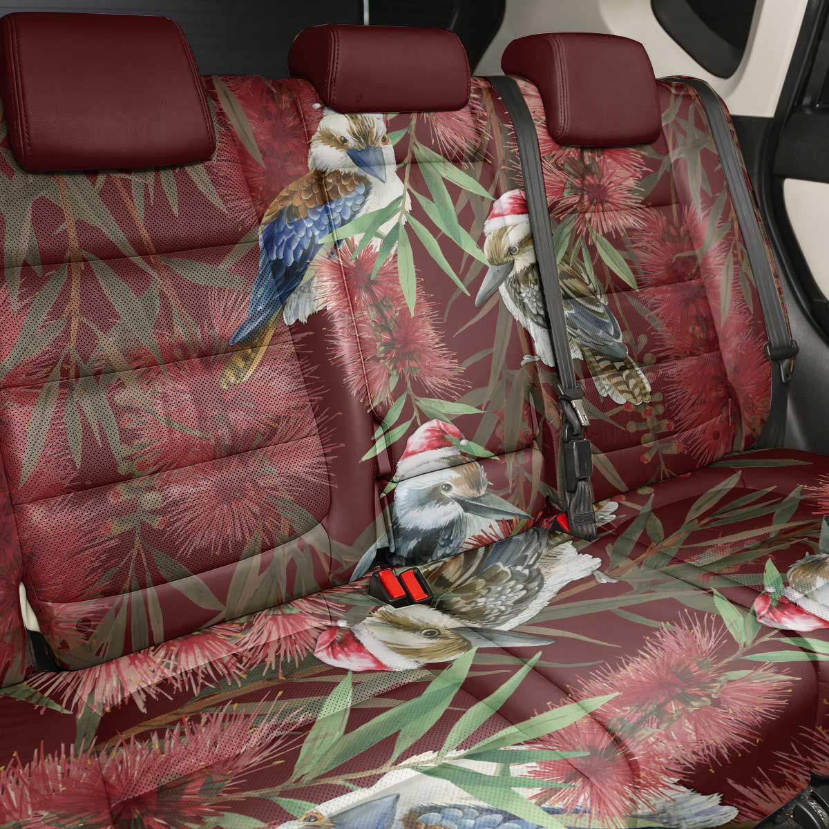 Australia Christmas Back Car Seat Cover Kookaburra Santa on Red Bottlebrush