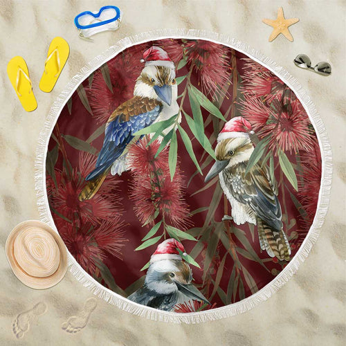 Australia Christmas Beach Blanket Kookaburra Santa on Red Bottlebrush