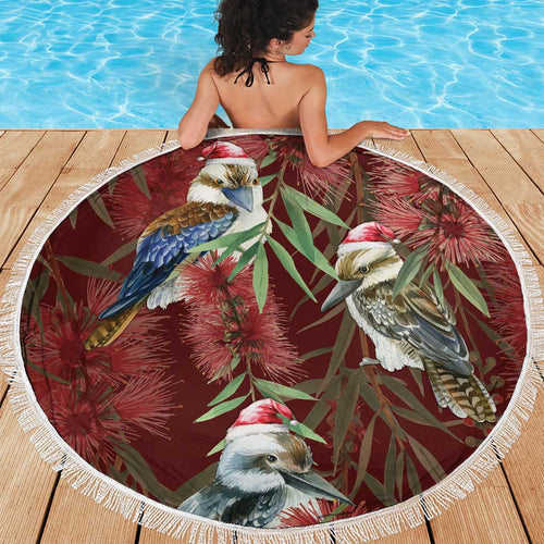 Australia Christmas Beach Blanket Kookaburra Santa on Red Bottlebrush
