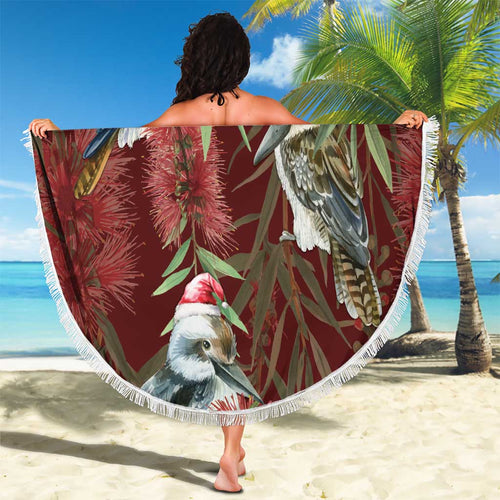 Australia Christmas Beach Blanket Kookaburra Santa on Red Bottlebrush