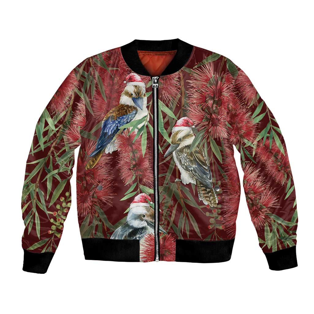 Australia Christmas Bomber Jacket Kookaburra Santa on Red Bottlebrush