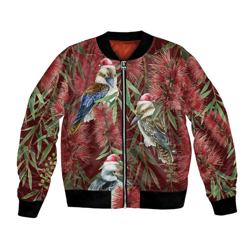 Australia Christmas Bomber Jacket Kookaburra Santa on Red Bottlebrush