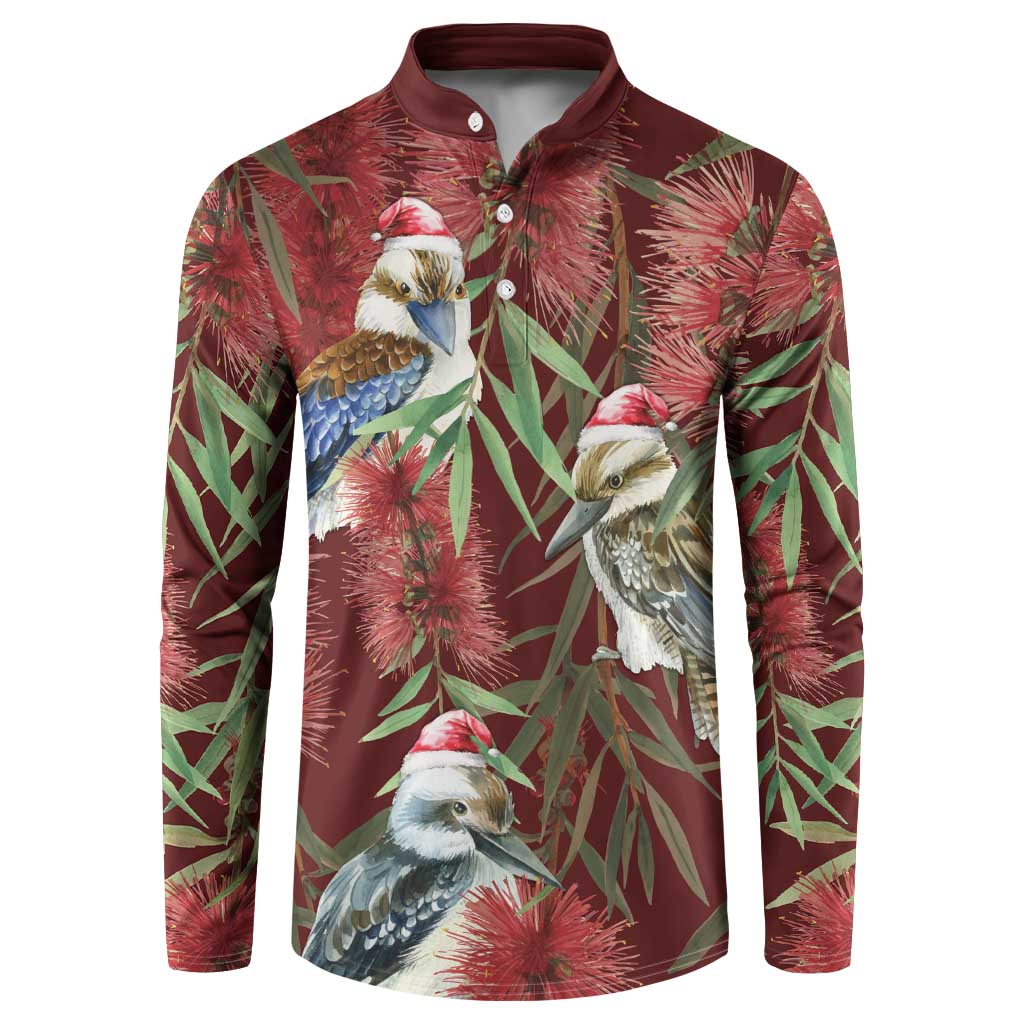 Australia Christmas Button Sweatshirt Kookaburra Santa on Red Bottlebrush