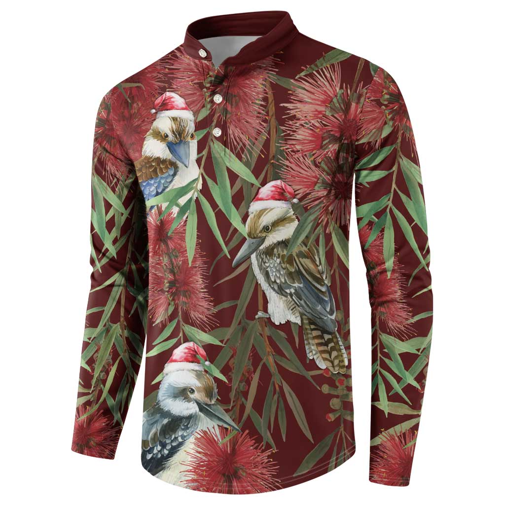 Australia Christmas Button Sweatshirt Kookaburra Santa on Red Bottlebrush