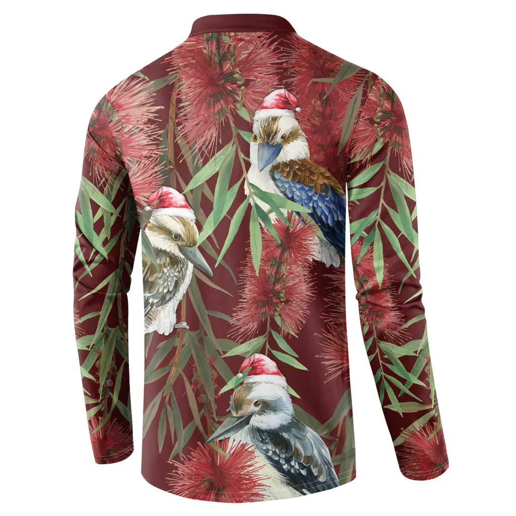 Australia Christmas Button Sweatshirt Kookaburra Santa on Red Bottlebrush