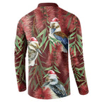 Australia Christmas Button Sweatshirt Kookaburra Santa on Red Bottlebrush