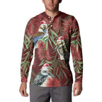Australia Christmas Button Sweatshirt Kookaburra Santa on Red Bottlebrush