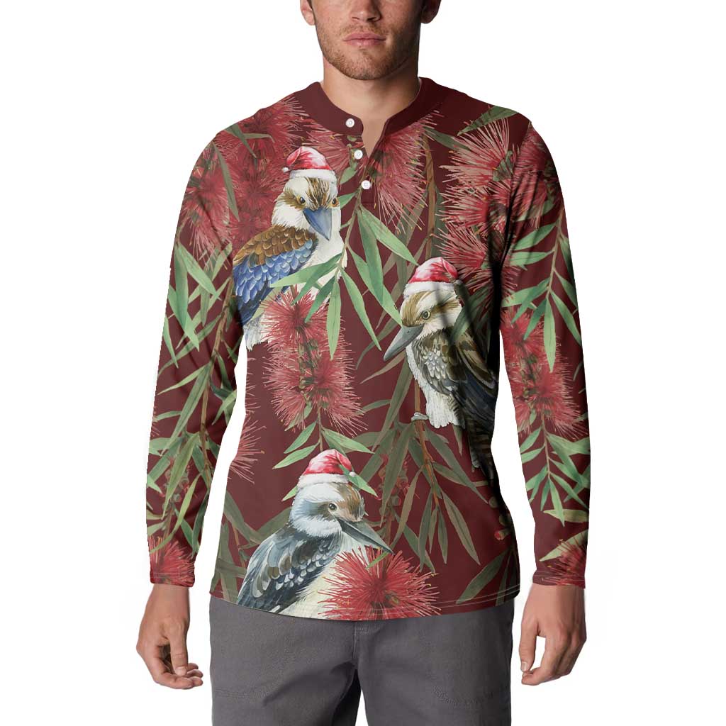 Australia Christmas Button Sweatshirt Kookaburra Santa on Red Bottlebrush