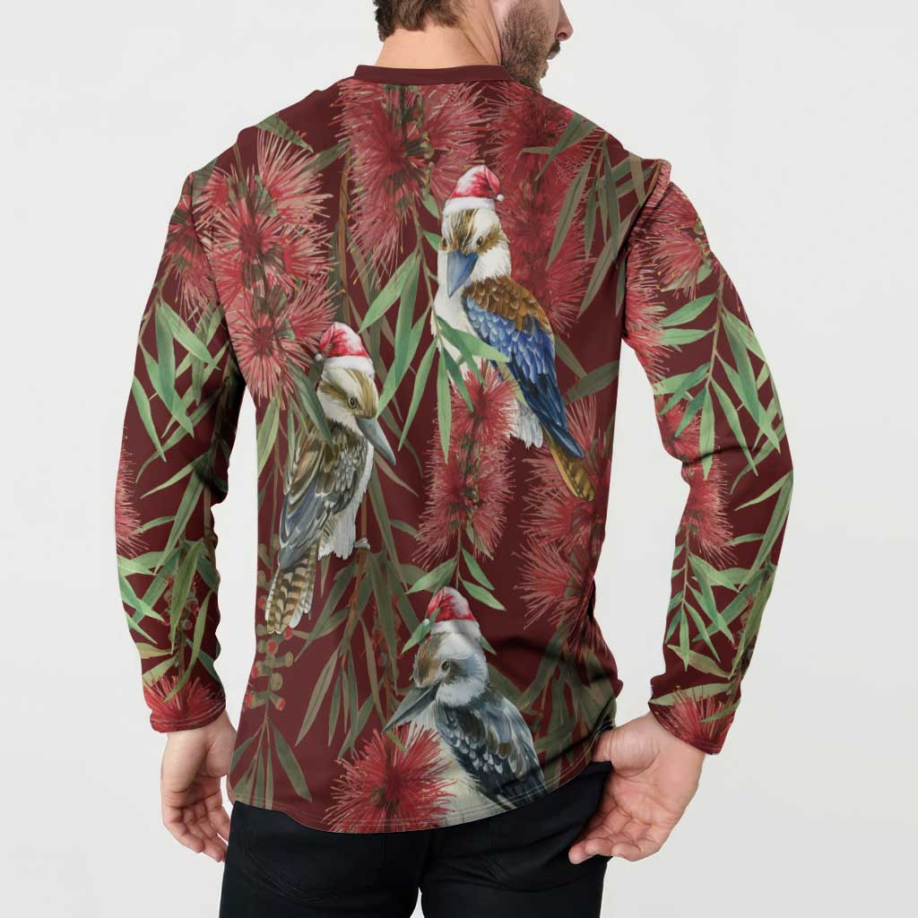 Australia Christmas Button Sweatshirt Kookaburra Santa on Red Bottlebrush