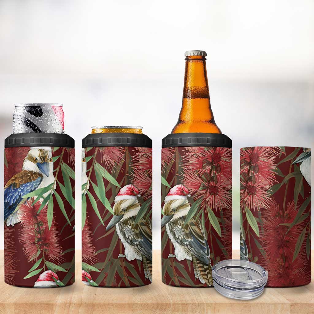 Australia Christmas 4 in 1 Can Cooler Tumbler Kookaburra Santa on Red Bottlebrush