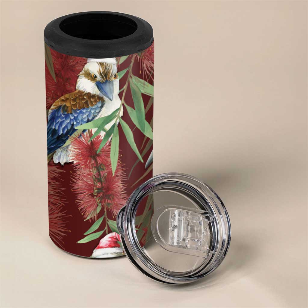 Australia Christmas 4 in 1 Can Cooler Tumbler Kookaburra Santa on Red Bottlebrush