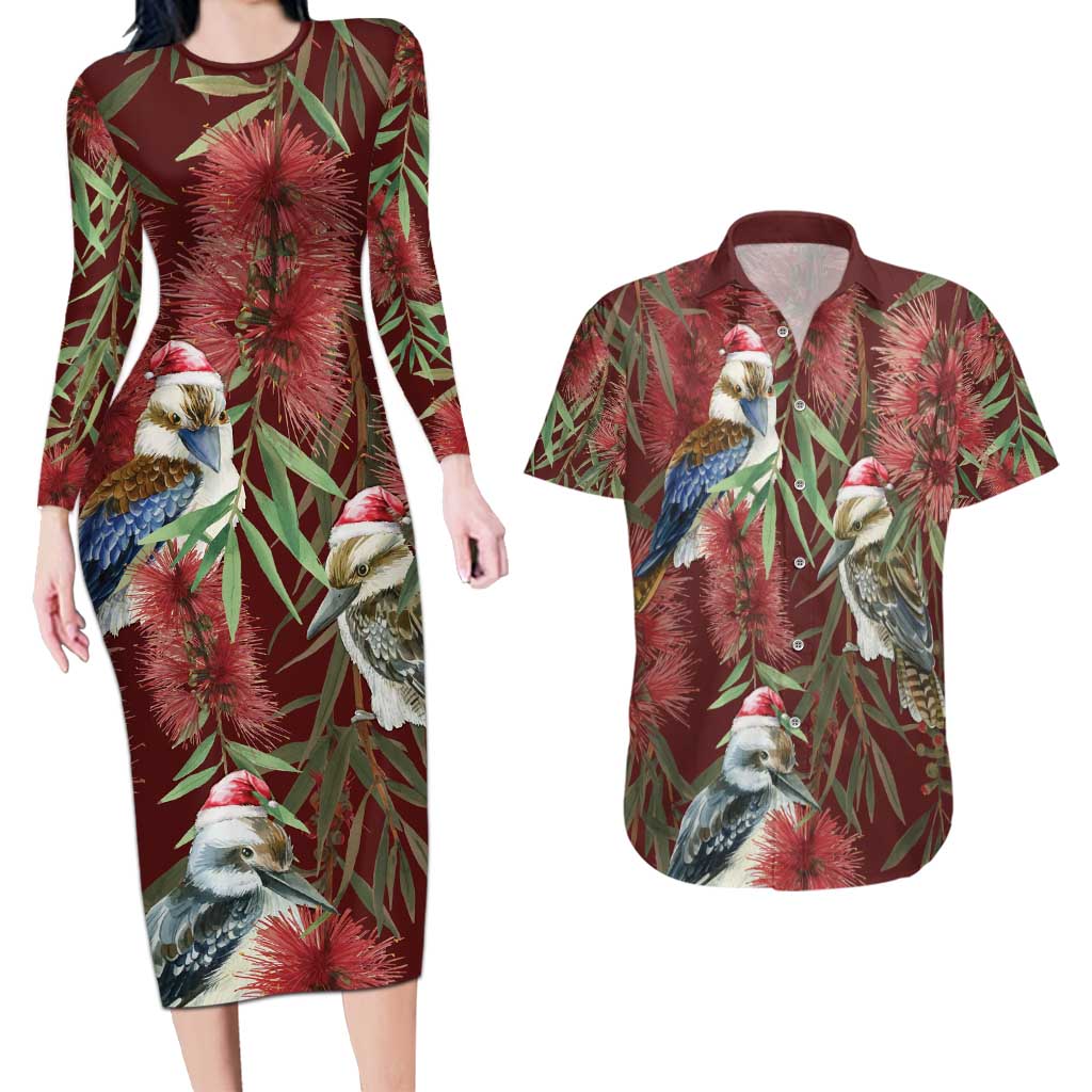 Australia Christmas Couples Matching Long Sleeve Bodycon Dress and Hawaiian Shirt Kookaburra Santa on Red Bottlebrush