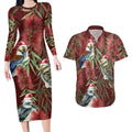 Australia Christmas Couples Matching Long Sleeve Bodycon Dress and Hawaiian Shirt Kookaburra Santa on Red Bottlebrush
