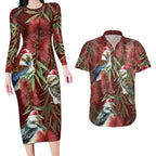 Australia Christmas Couples Matching Long Sleeve Bodycon Dress and Hawaiian Shirt Kookaburra Santa on Red Bottlebrush