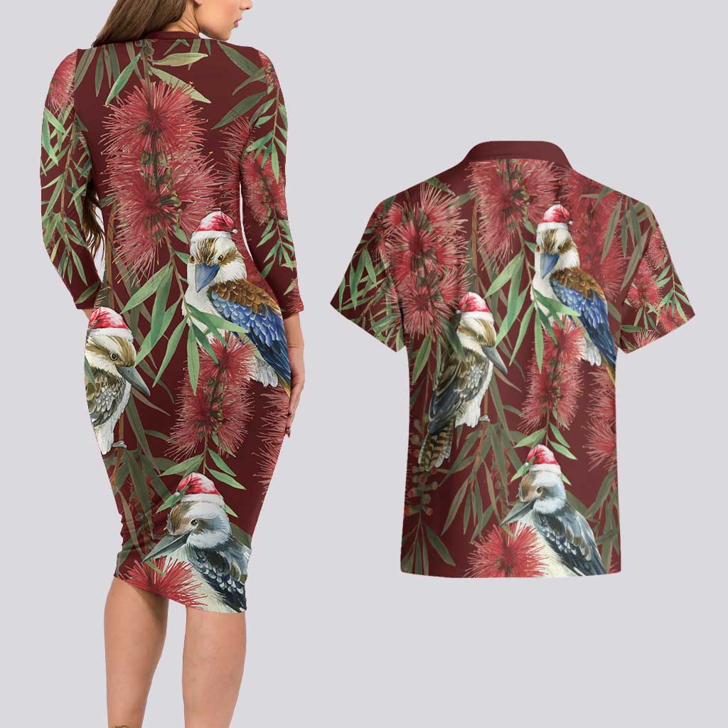 Australia Christmas Couples Matching Long Sleeve Bodycon Dress and Hawaiian Shirt Kookaburra Santa on Red Bottlebrush