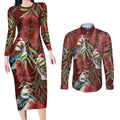 Australia Christmas Couples Matching Long Sleeve Bodycon Dress and Long Sleeve Button Shirt Kookaburra Santa on Red Bottlebrush