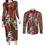 Australia Christmas Couples Matching Long Sleeve Bodycon Dress and Long Sleeve Button Shirt Kookaburra Santa on Red Bottlebrush