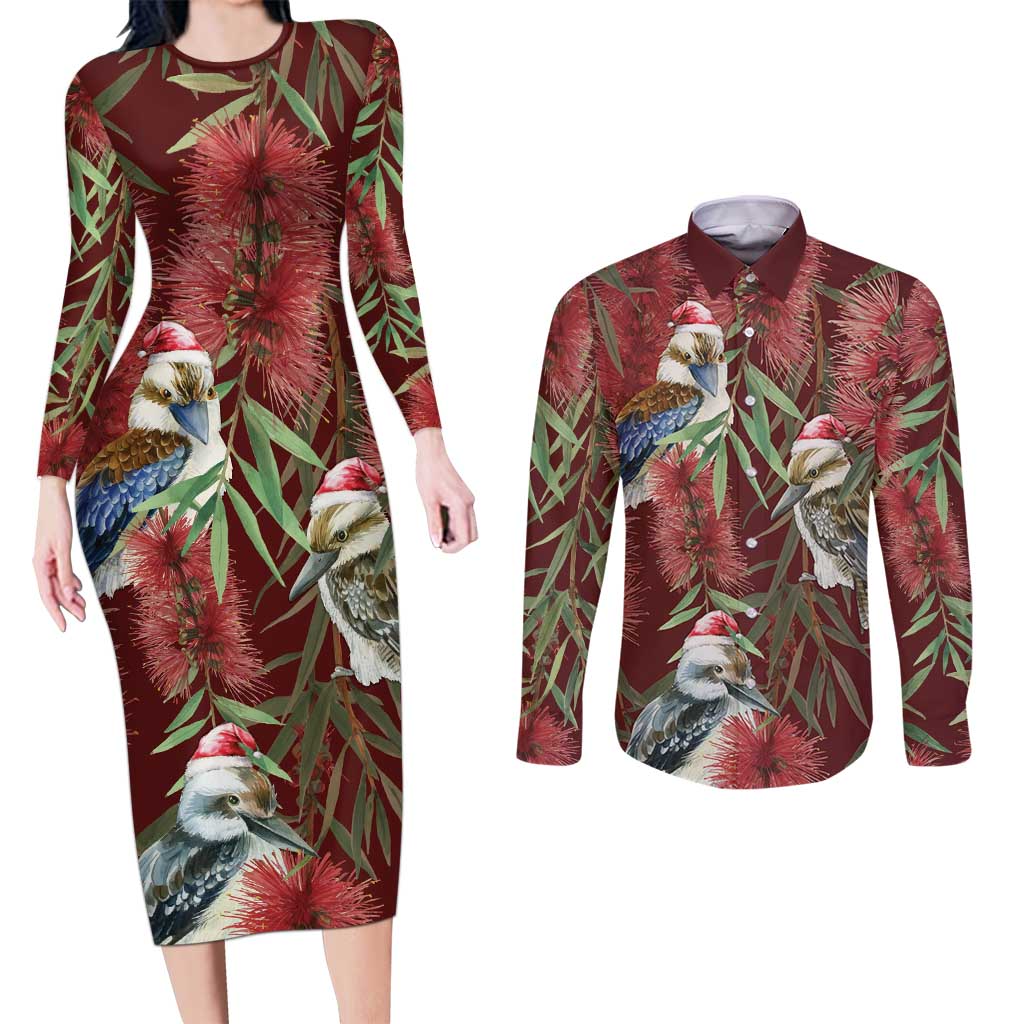 Australia Christmas Couples Matching Long Sleeve Bodycon Dress and Long Sleeve Button Shirt Kookaburra Santa on Red Bottlebrush