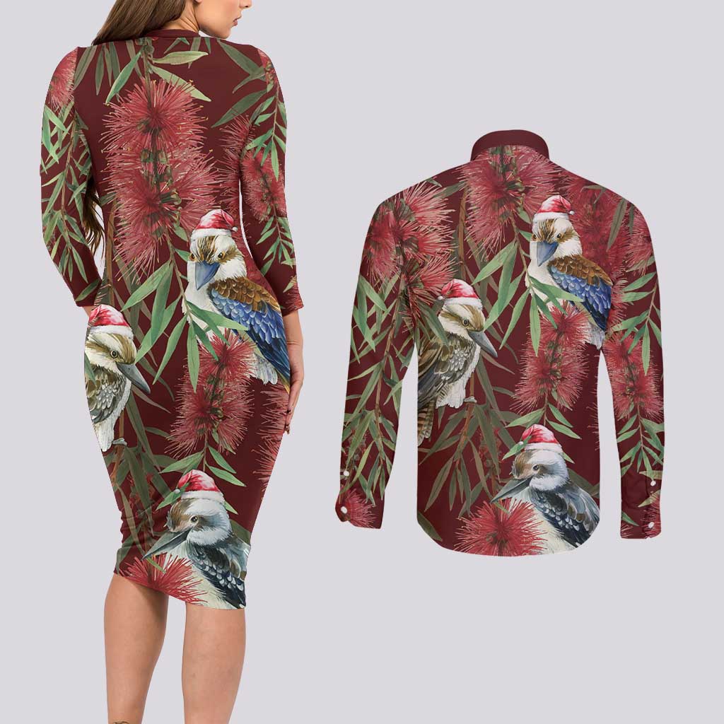 Australia Christmas Couples Matching Long Sleeve Bodycon Dress and Long Sleeve Button Shirt Kookaburra Santa on Red Bottlebrush