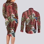 Australia Christmas Couples Matching Long Sleeve Bodycon Dress and Long Sleeve Button Shirt Kookaburra Santa on Red Bottlebrush