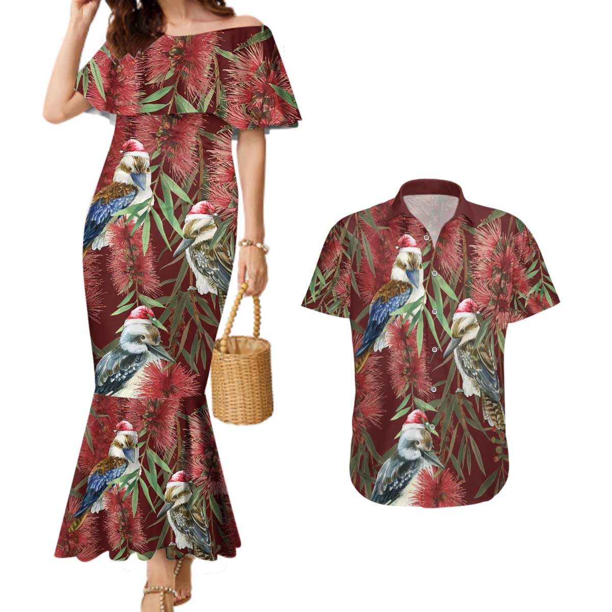 Australia Christmas Couples Matching Mermaid Dress and Hawaiian Shirt Kookaburra Santa on Red Bottlebrush