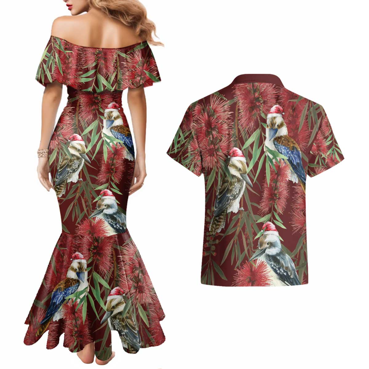 Australia Christmas Couples Matching Mermaid Dress and Hawaiian Shirt Kookaburra Santa on Red Bottlebrush