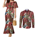 Australia Christmas Couples Matching Mermaid Dress and Long Sleeve Button Shirt Kookaburra Santa on Red Bottlebrush