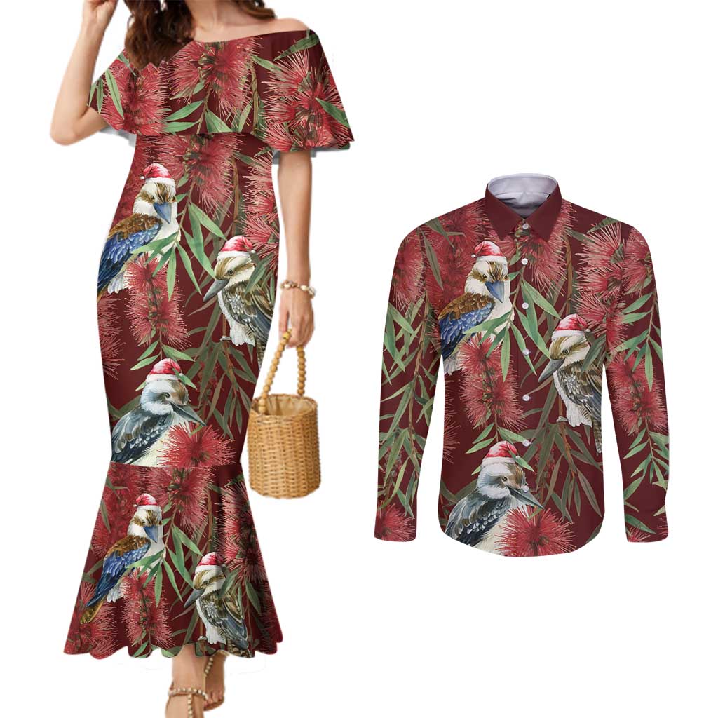 Australia Christmas Couples Matching Mermaid Dress and Long Sleeve Button Shirt Kookaburra Santa on Red Bottlebrush