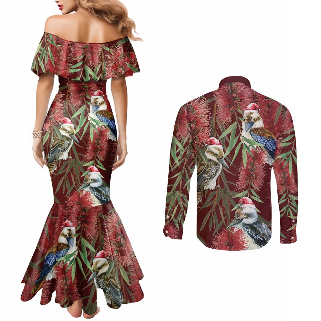Australia Christmas Couples Matching Mermaid Dress and Long Sleeve Button Shirt Kookaburra Santa on Red Bottlebrush
