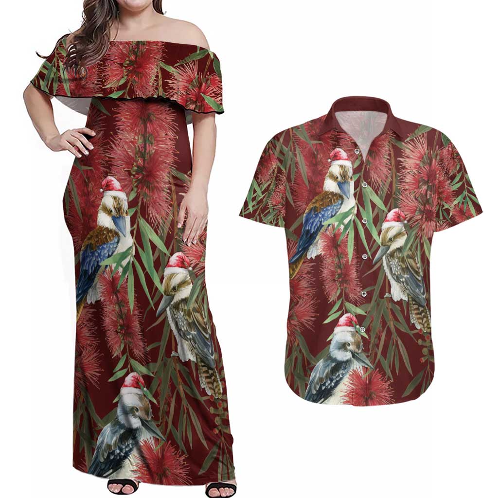 Australia Christmas Couples Matching Off Shoulder Maxi Dress and Hawaiian Shirt Kookaburra Santa on Red Bottlebrush