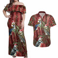 Australia Christmas Couples Matching Off Shoulder Maxi Dress and Hawaiian Shirt Kookaburra Santa on Red Bottlebrush