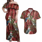 Australia Christmas Couples Matching Off Shoulder Maxi Dress and Hawaiian Shirt Kookaburra Santa on Red Bottlebrush