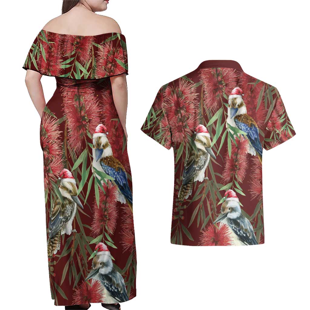 Australia Christmas Couples Matching Off Shoulder Maxi Dress and Hawaiian Shirt Kookaburra Santa on Red Bottlebrush