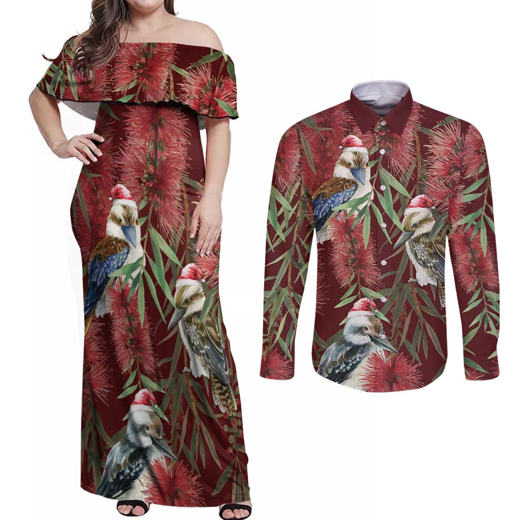 Australia Christmas Couples Matching Off Shoulder Maxi Dress and Long Sleeve Button Shirt Kookaburra Santa on Red Bottlebrush