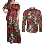 Australia Christmas Couples Matching Off Shoulder Maxi Dress and Long Sleeve Button Shirt Kookaburra Santa on Red Bottlebrush