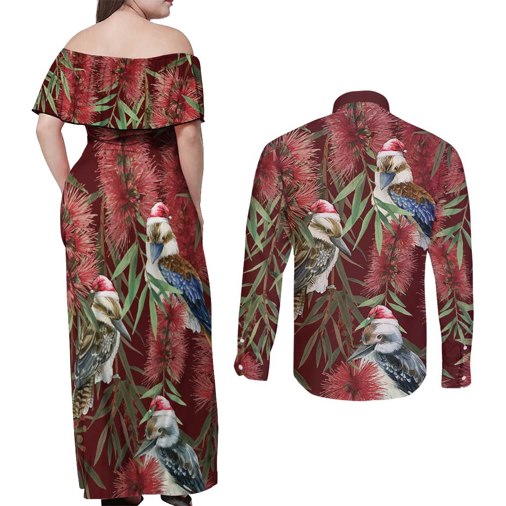 Australia Christmas Couples Matching Off Shoulder Maxi Dress and Long Sleeve Button Shirt Kookaburra Santa on Red Bottlebrush